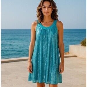 Vintage Betsey Johnson Sequin Mini Swing Dress 6 Teal Silk Y2K Fairy Festival